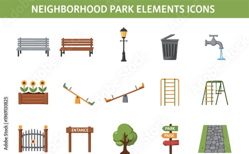 Set of neighborhood park elements icons including benches, trash can, lamp, and playground equipment