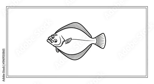 Minimalist black and white line drawing of a flatfish for marine life illustration and graphic