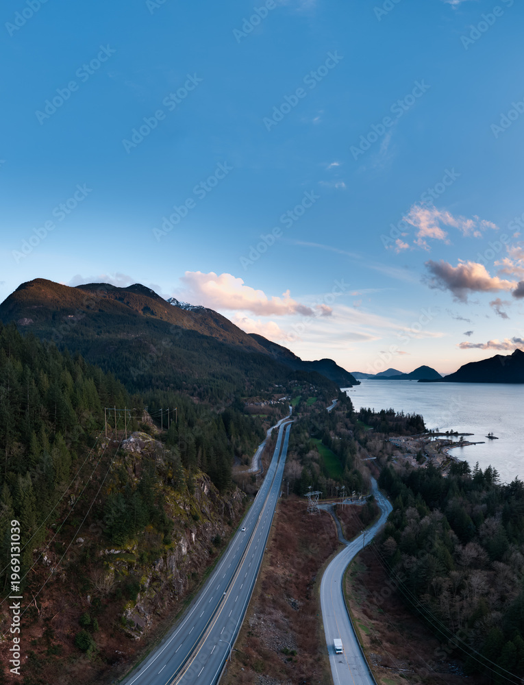 Fototapeta premium Scenic Sea to Sky Highway Along Mountains and Coastline Overlooking Howe Sound, BC, Canada