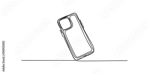 A single continuous line drawing of a modern smartphone with a camera bump on a plain background. Vector, illustration