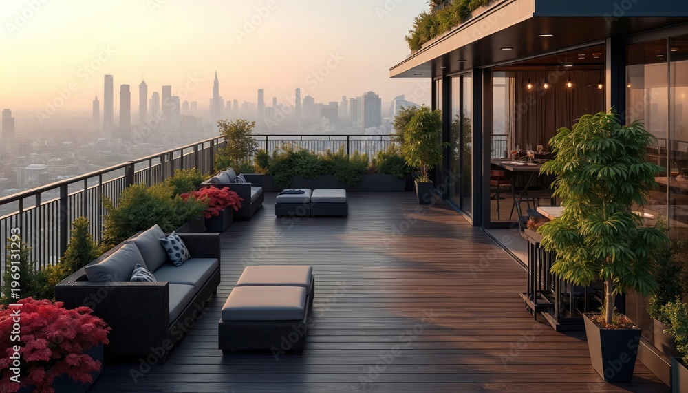 Obraz premium Modern rooftop terrace with city skyline view. Outdoor seating area with furniture and plants overlooks distant skyscrapers. Luxury apartment balcony offers serene urban escape at sunset.