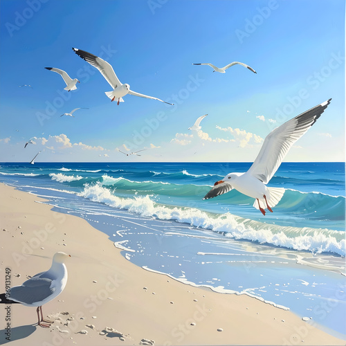 Wallpaper Mural Seagulls Soaring Above the Beach - A Serene Coastal Scene. Torontodigital.ca
