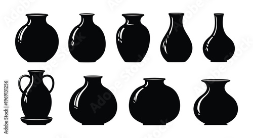 Collection of eight distinct black silhouette vase shapes arranged in two rows