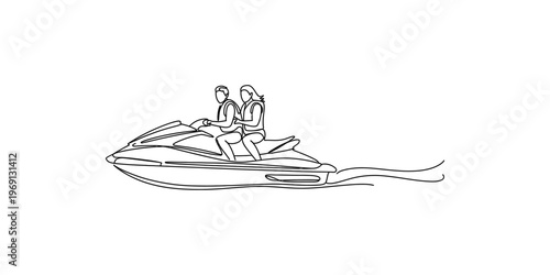 Continuous line drawing of a couple enjoying a fast ride on a modern jet ski across the water. Vector, illustration