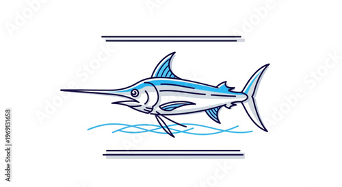 Vibrant blue swordfish illustration with sleek lines and minimalist ocean waves framed by