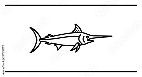Minimalist black outline drawing of a powerful oceanic marlin swimming gracefully through tranquil