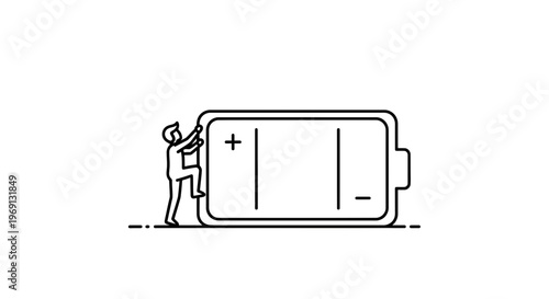 Diligent individual striving to reach peak power on a large battery icon representing energy and