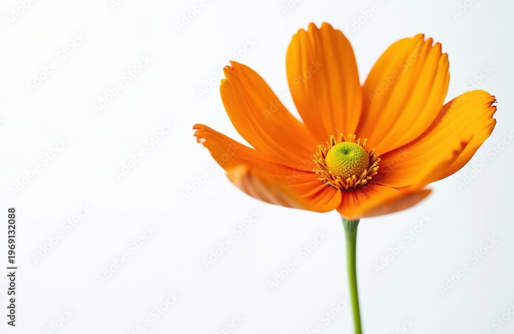 Obraz premium Close-up of vibrant orange cosmos flower with green center. Delicate petals bloom against isolated white background. Simple elegant floral detail for design. Nature beauty.