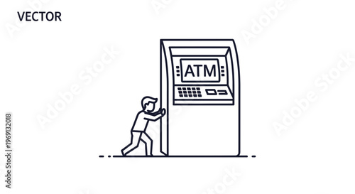 Vector illustration depicting a person pushing a large ATM machine with visible effort