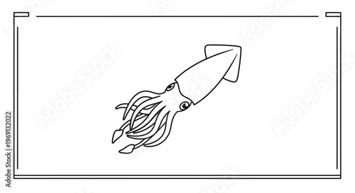 Minimalist black and white line drawing of a marine squid creature swimming dynamically