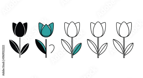 Four stylized tulips with green leaves and stems in a row
