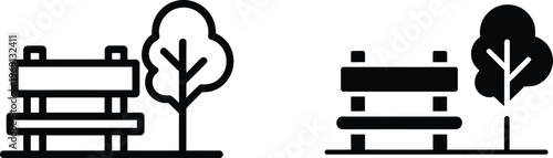 Park bench and tree in black and white symbol outdoor