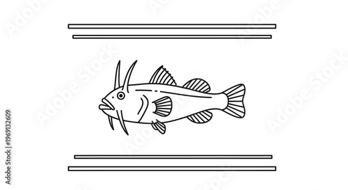 Detailed line art illustration of a unique marine fish with long sensory barbels and distinct fin