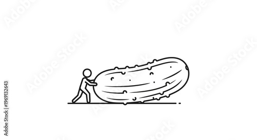 A small figure struggling to move an enormous cucumber, representing disproportionate effort and