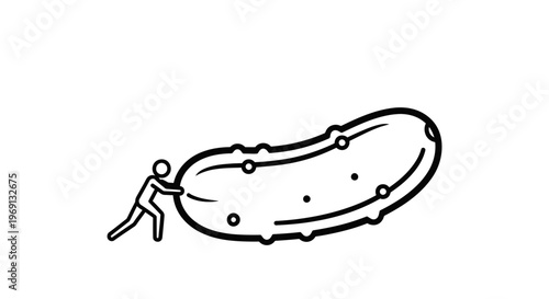 A small stick figure exerts great effort to push an enormous green cucumber across a clean white