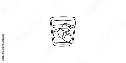 Minimalist continuous line drawing of a glass filled with liquid and several ice cubes inside Vector, illustration