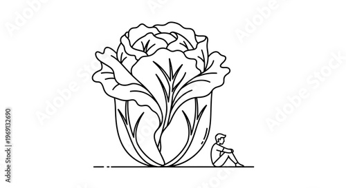 Minimalist line illustration of a small person sitting next to an immense cabbage, highlighting
