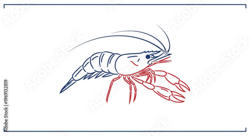 Stylized bicolored prawn illustration with a unique red and blue outline design for aquatic concepts