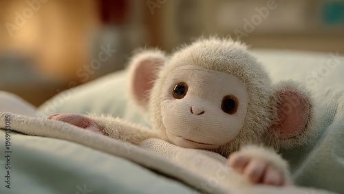 A cute albino monkey plush toy lying in a hospital bed, covered with a soft blanket, pastel-colored hospital room, gentle lighting