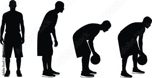 Black silhouette of male basketball player in sequence showing standing pose and bending down to pick up ball isolated on white background for sports design.