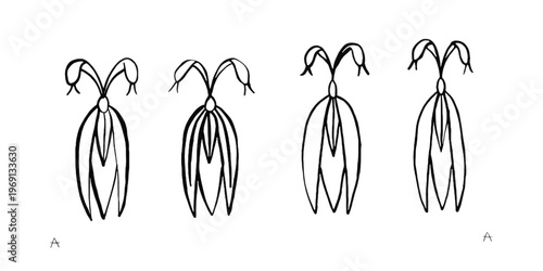 Four stylized illustrations of bunches of bananas with leaves attached