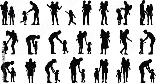 Comprehensive collection of black silhouettes featuring parents and children in diverse family poses including walking, playing, and carrying toddlers isolated on a white background 