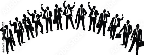 Dynamic silhouettes of business professionals in suits holding briefcases, symbolizing teamwork, leadership, corporate success, and professional collaboration in modern business environment, isolated 