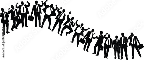 Silhouette illustration of businesspeople in suits with briefcases arranged in wave formation, representing teamwork, corporate success, energy, collaboration, and professional industry concept