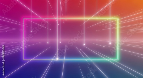Mesmerizing neon light frame illuminates a colorful gradient background with vibrant glowing lines and floating particles, creating a futuristic abstract digital design