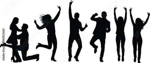 Happy dancing people silhouettes celebrating party energy, jumping friends group, joyful men and women, nightlife celebration, music festival vibe, fun social activity concept
