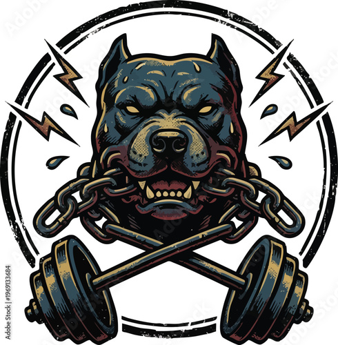 Aggressive Pitbull Head with Crossed Barbells and Chain Mascot.