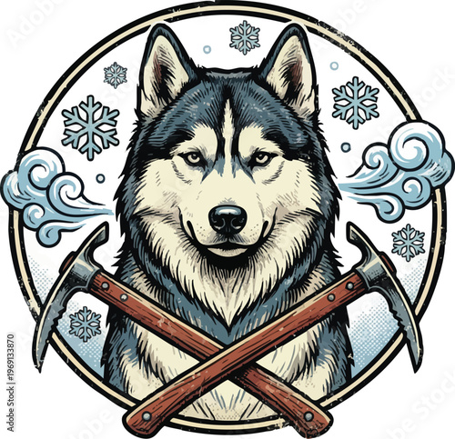 Siberian Husky Portrait with Crossed Ice Axes and Snowflakes.
