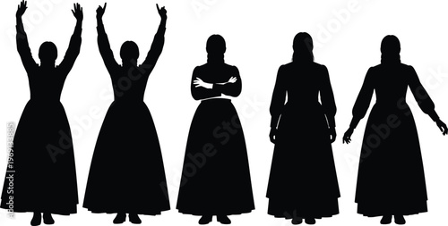 Silhouetted women in long dresses posing with raised arms, crossed arms, and relaxed gestures, symbolizing fashion, elegance, posture, lifestyle, and expressive movement