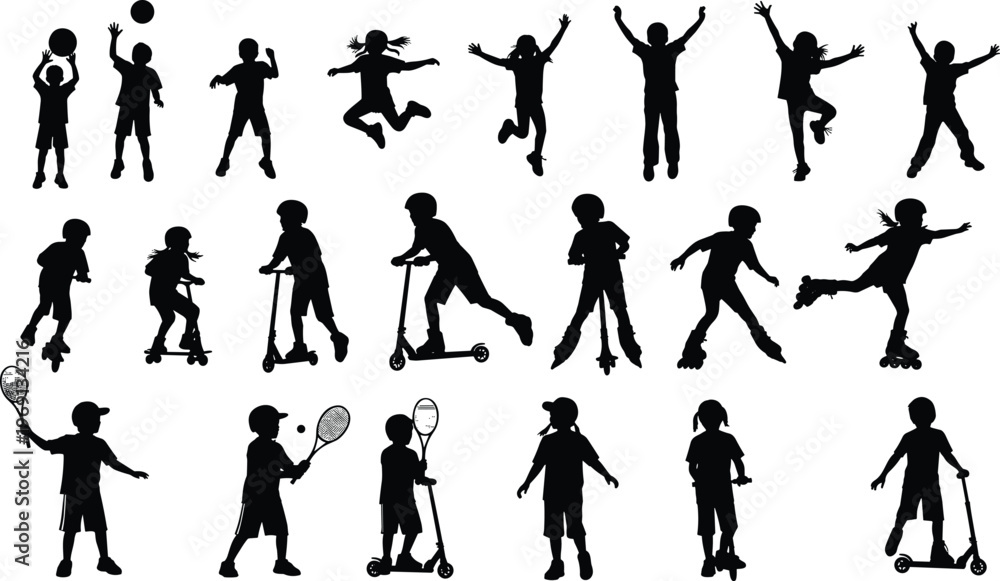 Fototapeta premium Collection of active kids silhouettes set, featuring children playing sports, riding scooters, rollerblading and jumping vector icons for school, park, and healthy lifestyle designs.