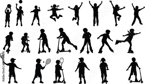 Collection of active kids silhouettes set, featuring children playing sports, riding scooters, rollerblading and jumping vector icons for school, park, and healthy lifestyle designs.