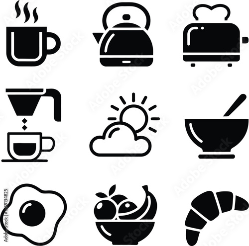 Breakfast coffee kettle toaster coffee maker fried egg fruit bowl croissant