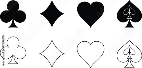 Collection of playing card suits vector icons featuring heart, diamond, club, and spade symbols in solid black and outline styles for casino gaming.