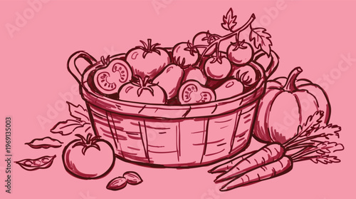 Hand-Drawn Sketch of a Basket Filled with Tomatoes and Vegetables.