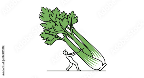 A determined figure exerts great effort to transport an enormous vibrant green celery stalk