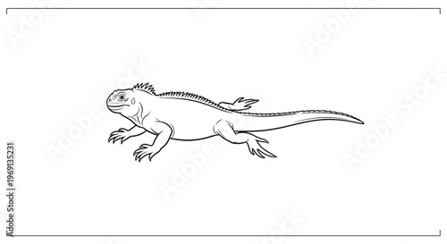 Detailed monochrome line drawing of an exotic reptilian creature, capturing its unique form and