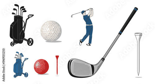 Golf Elements: Player, Clubs, Bag, Ball, and Tee - Vector Illustration