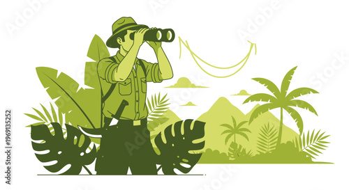 Explorer in jungle with binoculars, seeking adventure and discovery