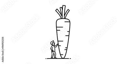 A small person stands in awe beside a massive carrot illustrating disproportionate scale