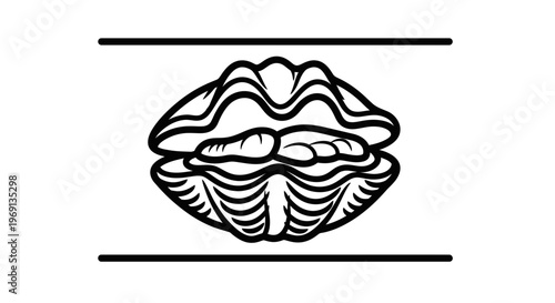 Minimalist black and white drawing of an open bivalve creature revealing its hidden treasure
