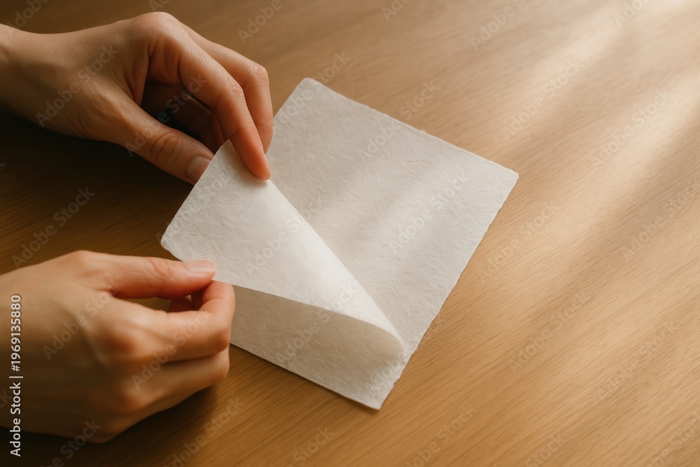 Obraz premium Hands holding peeling adhesive sheet on wooden table with natural light