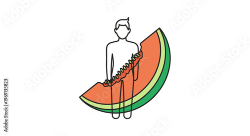 Outline figure enjoying a large refreshing slice of vibrant red watermelon on a bright day