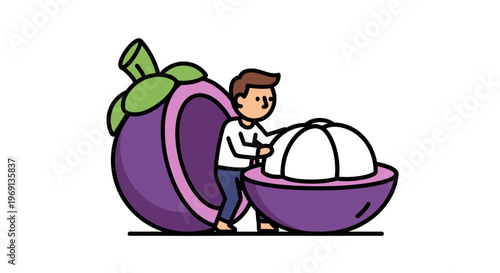 A delightful character demonstrates the preparation of a fresh, succulent tropical mangosteen fruit