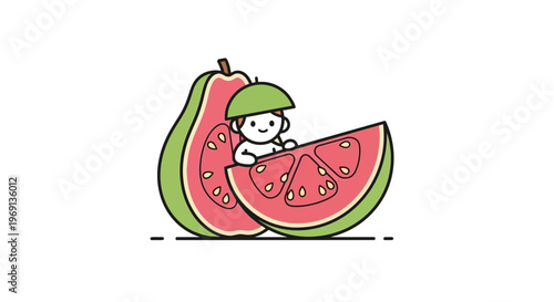 Charming illustration of a cheerful infant character peeking from vibrant tropical fruit slice