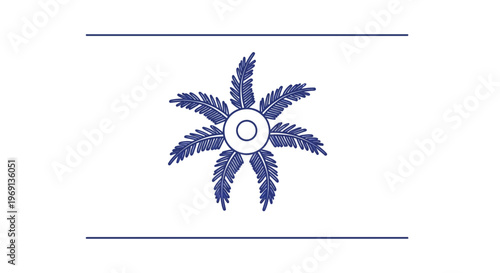 Stylized botanical graphic with radiating blue fronds and elegant symmetrical design