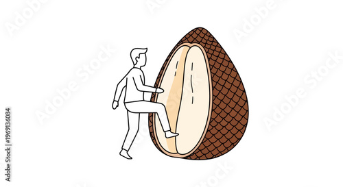 A person venturing into an enormous open salak fruit, symbolizing exploration and discovery of
